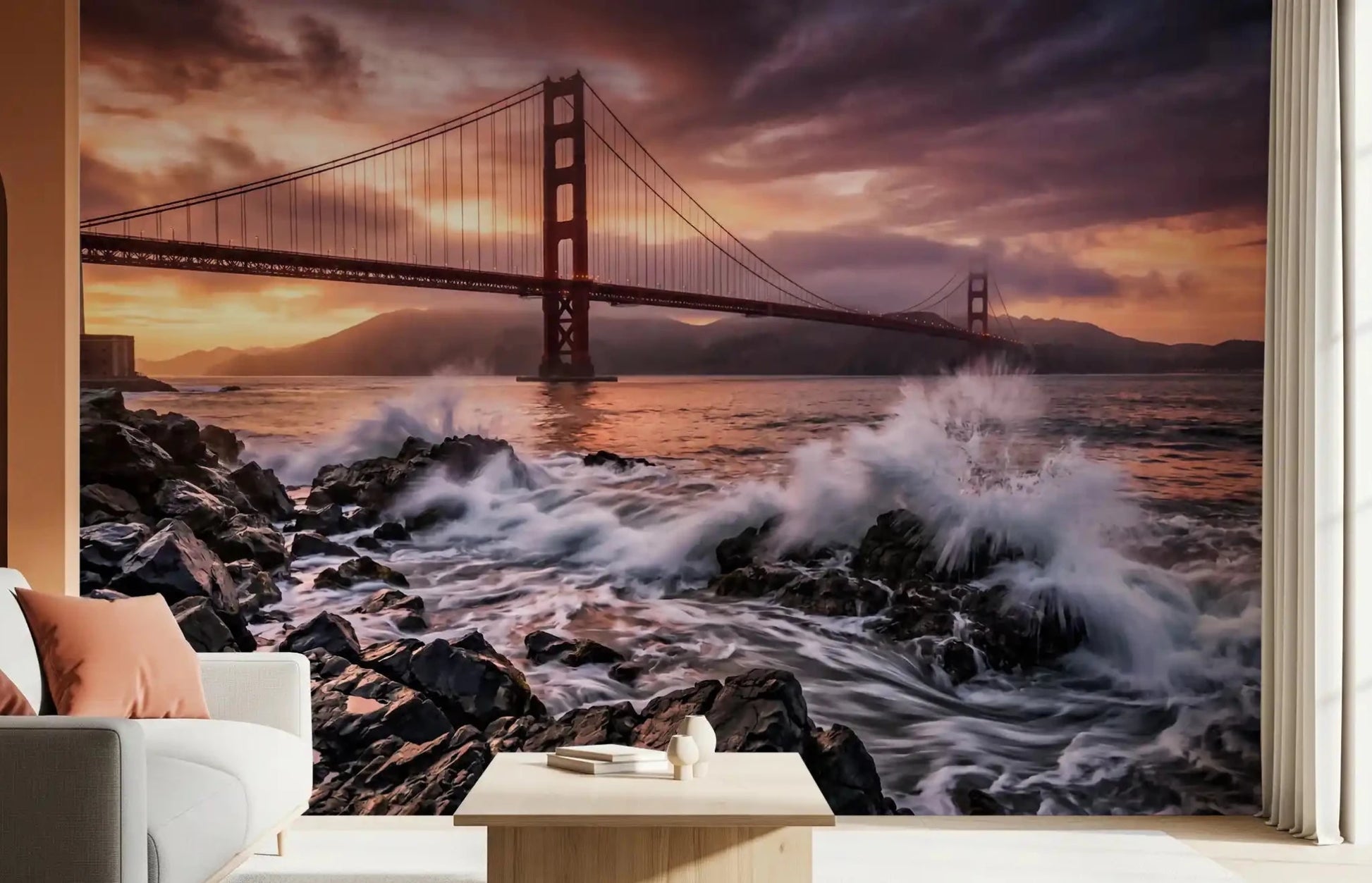 Hallway design using Golden Gate Sunset Serenade wall mural and sunset sky, GD9255