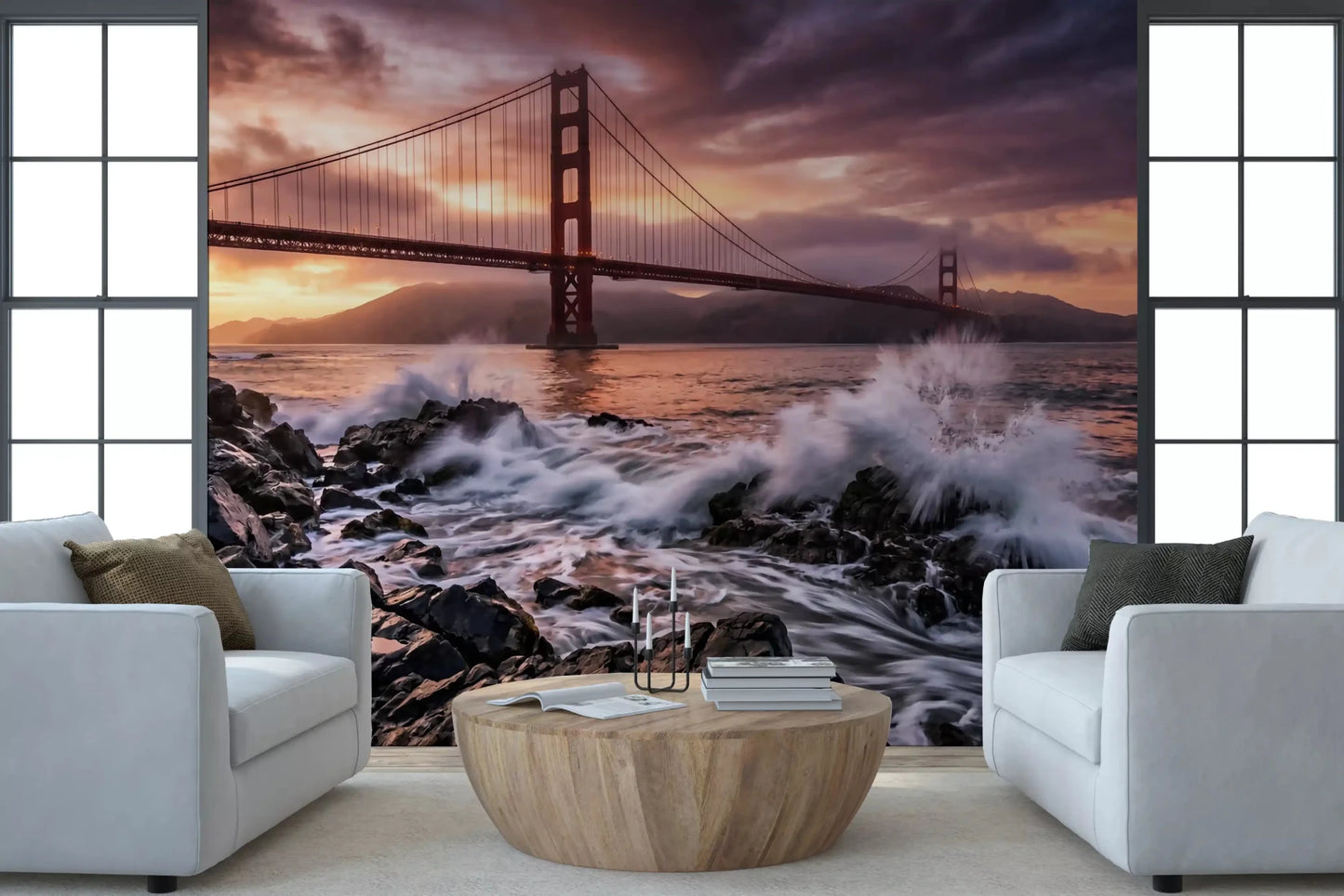 Golden Gate Sunset Serenade wall mural showing bridge and crashing waves, GD9255