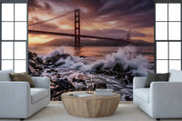 Golden Gate Sunset Serenade wall mural showing bridge and crashing waves, GD9255