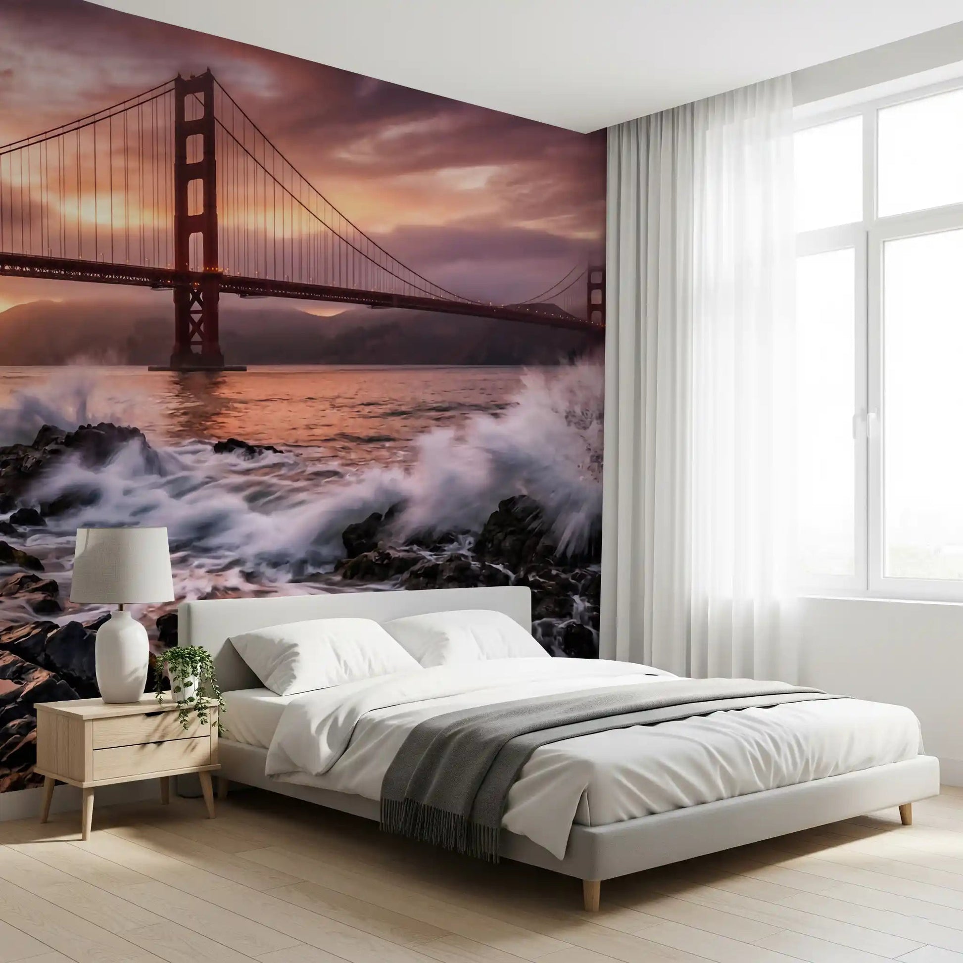 Bedroom wall featuring Golden Gate Sunset Serenade wall mural with bridge view, GD9255