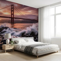 Bedroom wall featuring Golden Gate Sunset Serenade wall mural with bridge view, GD9255