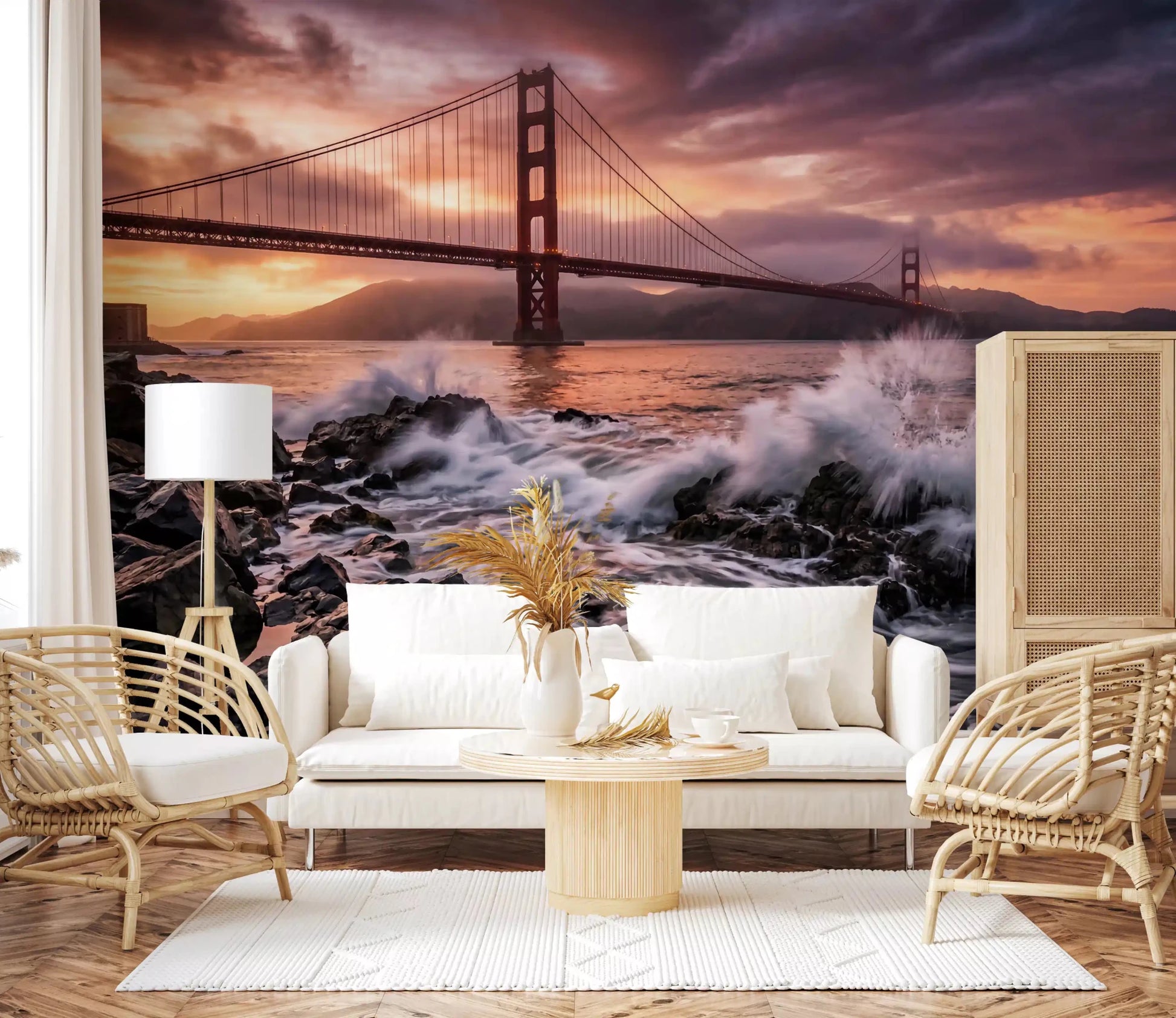 Living room styled with Golden Gate Sunset Serenade wall mural and ocean waves, GD9255