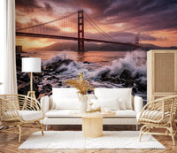 Living room styled with Golden Gate Sunset Serenade wall mural and ocean waves, GD9255