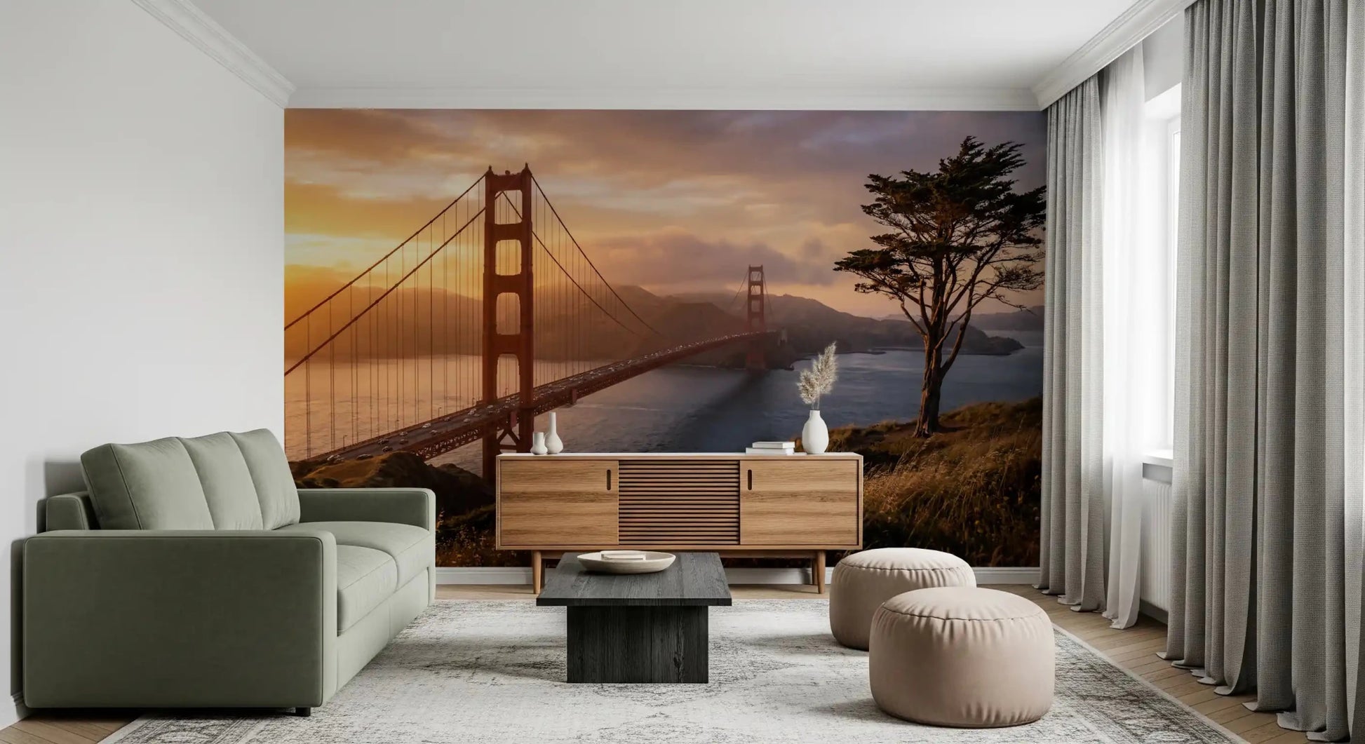 Scenic coastal wall mural featuring Golden Gate Sunset Vista composition