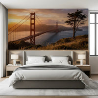Bedroom wall featuring Golden Gate Sunset Vista wall mural with coastal view