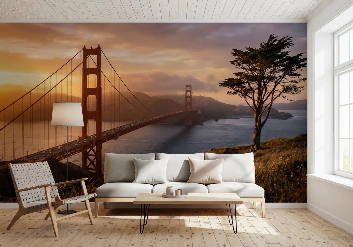 Golden Gate Sunset Vista wall mural with detailed hills and ocean view