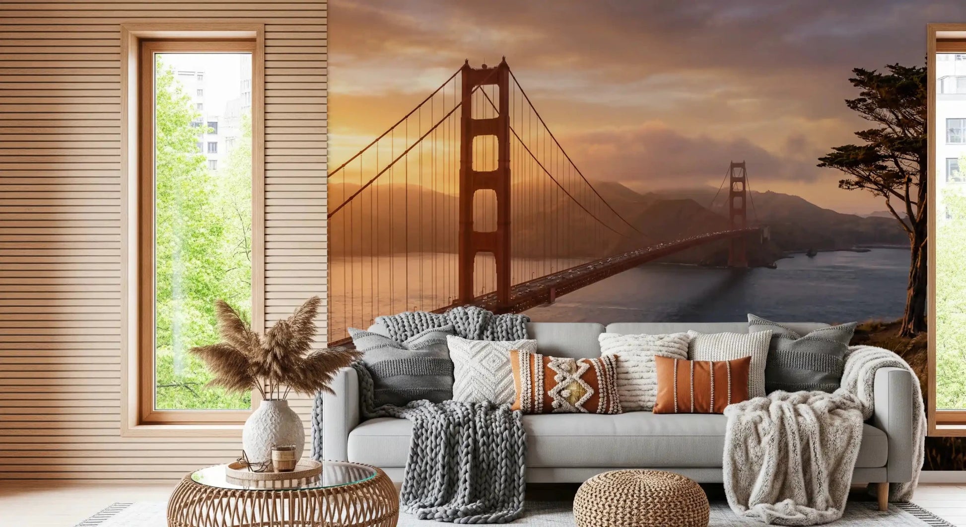 Golden Gate Sunset Vista wall mural featuring iconic bridge and shoreline