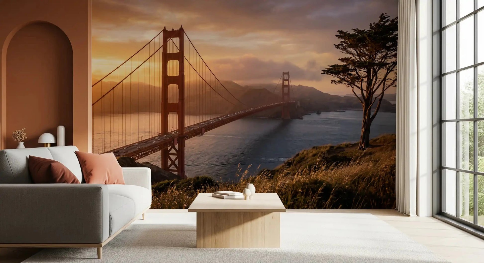 Bridge landscape wall mural with Golden Gate Sunset Vista golden sky