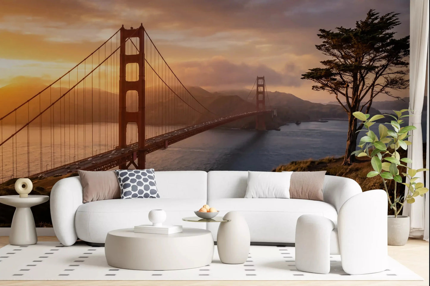 Living room styled with Golden Gate Sunset Vista wall mural and sunset bridge