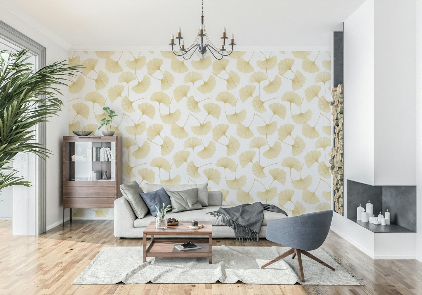 Artistic botanical wallpaper mural for a stylish apartment lounge area.