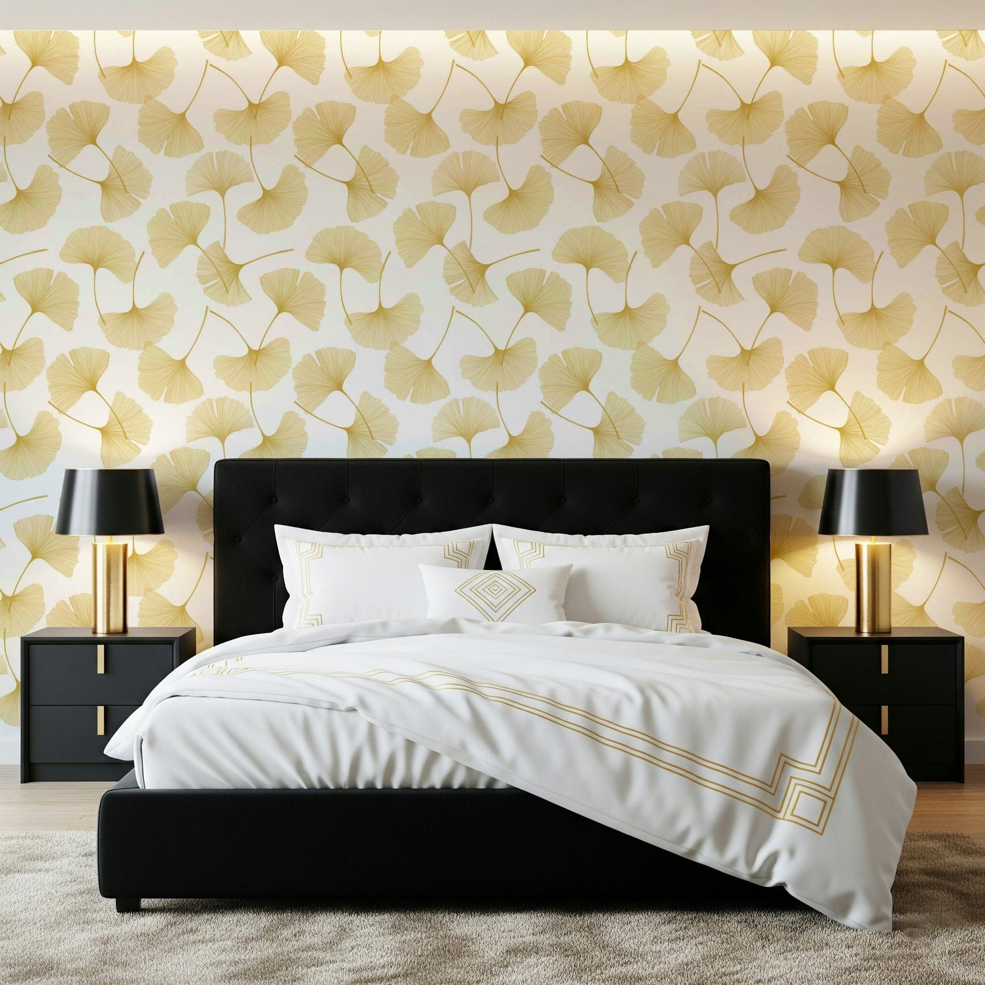Shimmering gold ginkgo branch wallpaper mural for a nursery wall space.