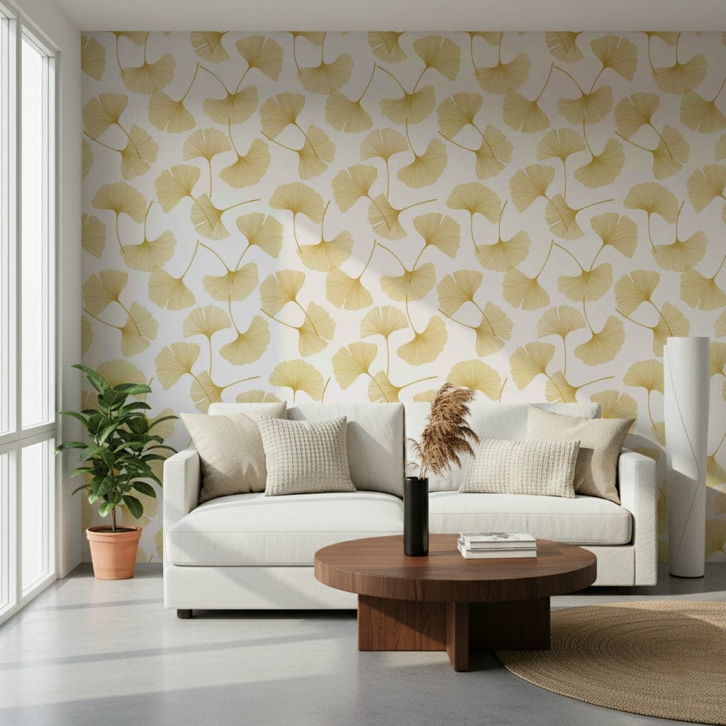 Elegant ginkgo leaf pattern wallpaper mural for a modern home office.