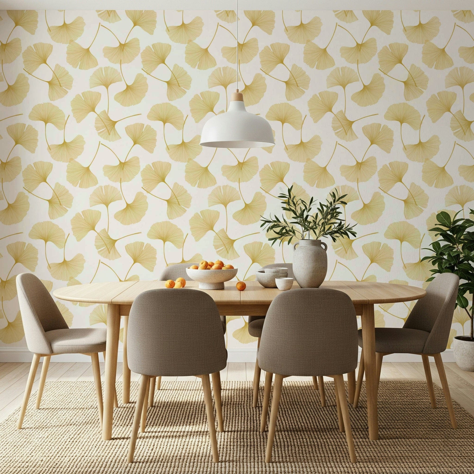 Golden Ginkgo Breeze Wallpaper wallpaper mural in a contemporary living room., GD7859