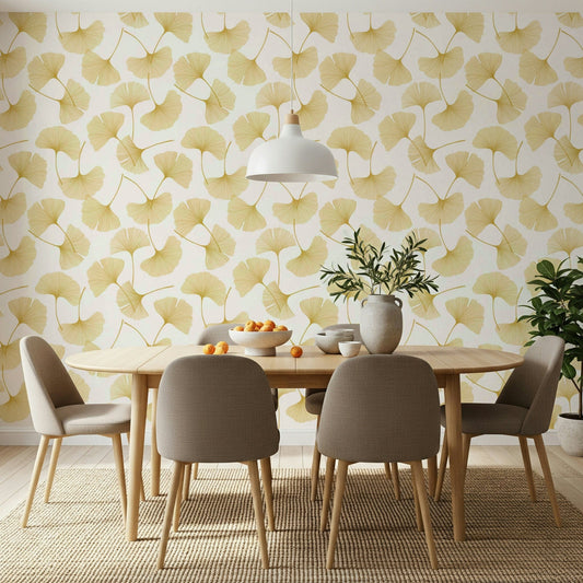 Golden Ginkgo Breeze Wallpaper wallpaper mural in a contemporary living room.