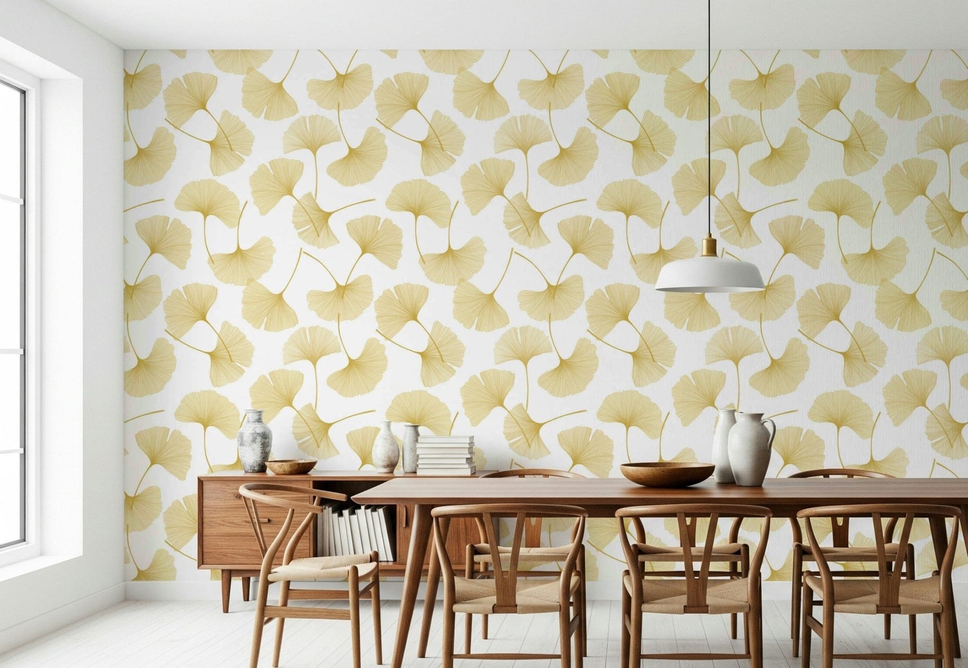 Golden Ginkgo Breeze Wallpaper wallpaper mural with a soft white background.