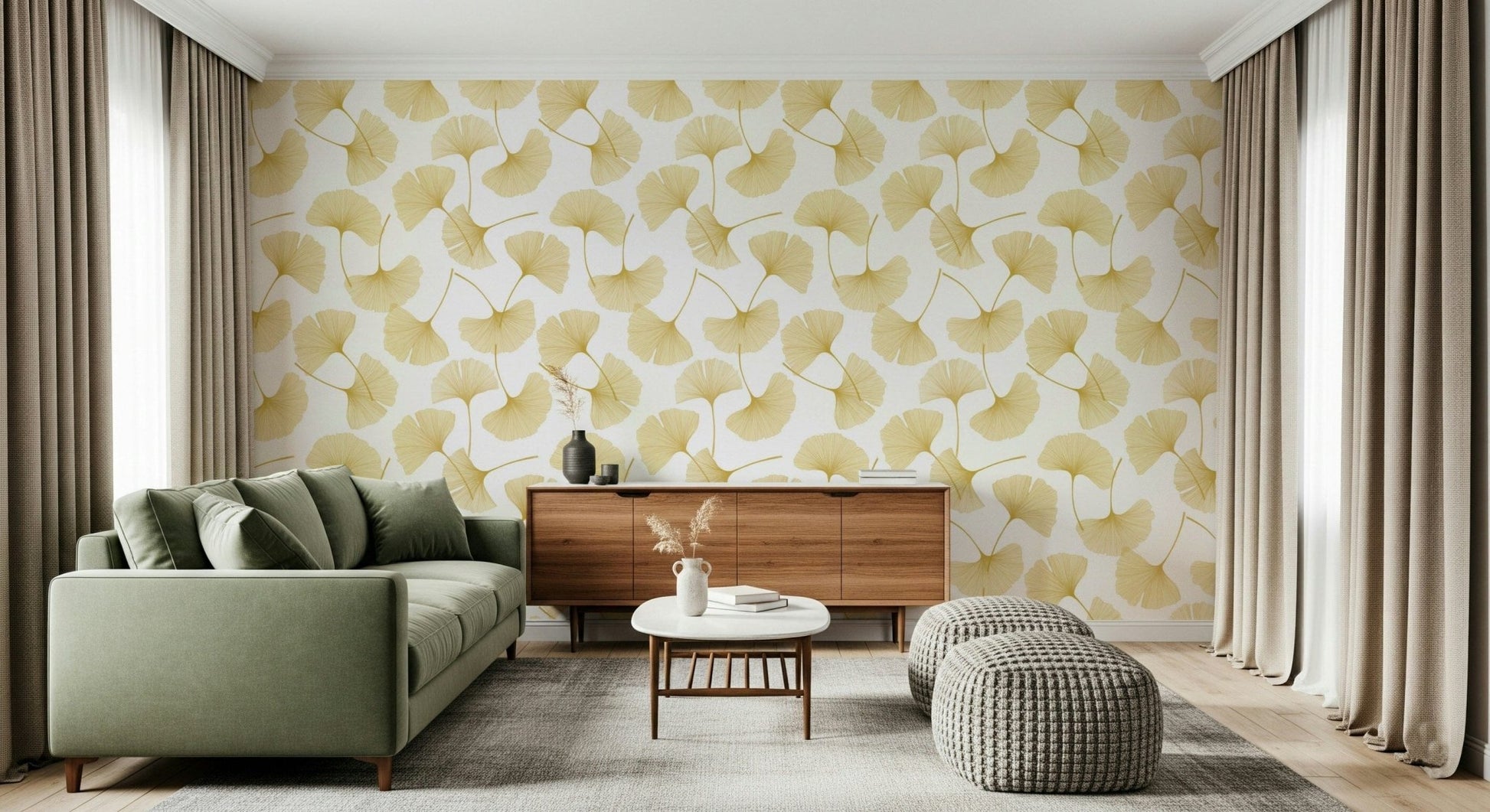 Golden Ginkgo Breeze Wallpaper wallpaper mural with yellow and cream colour.