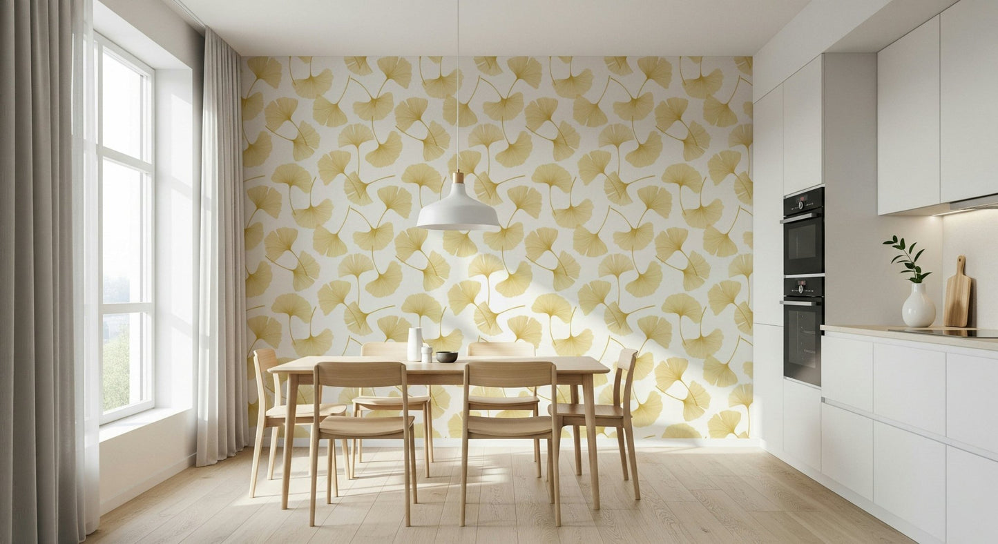 Golden Ginkgo Breeze Wallpaper wallpaper mural for a dining room accent wall.