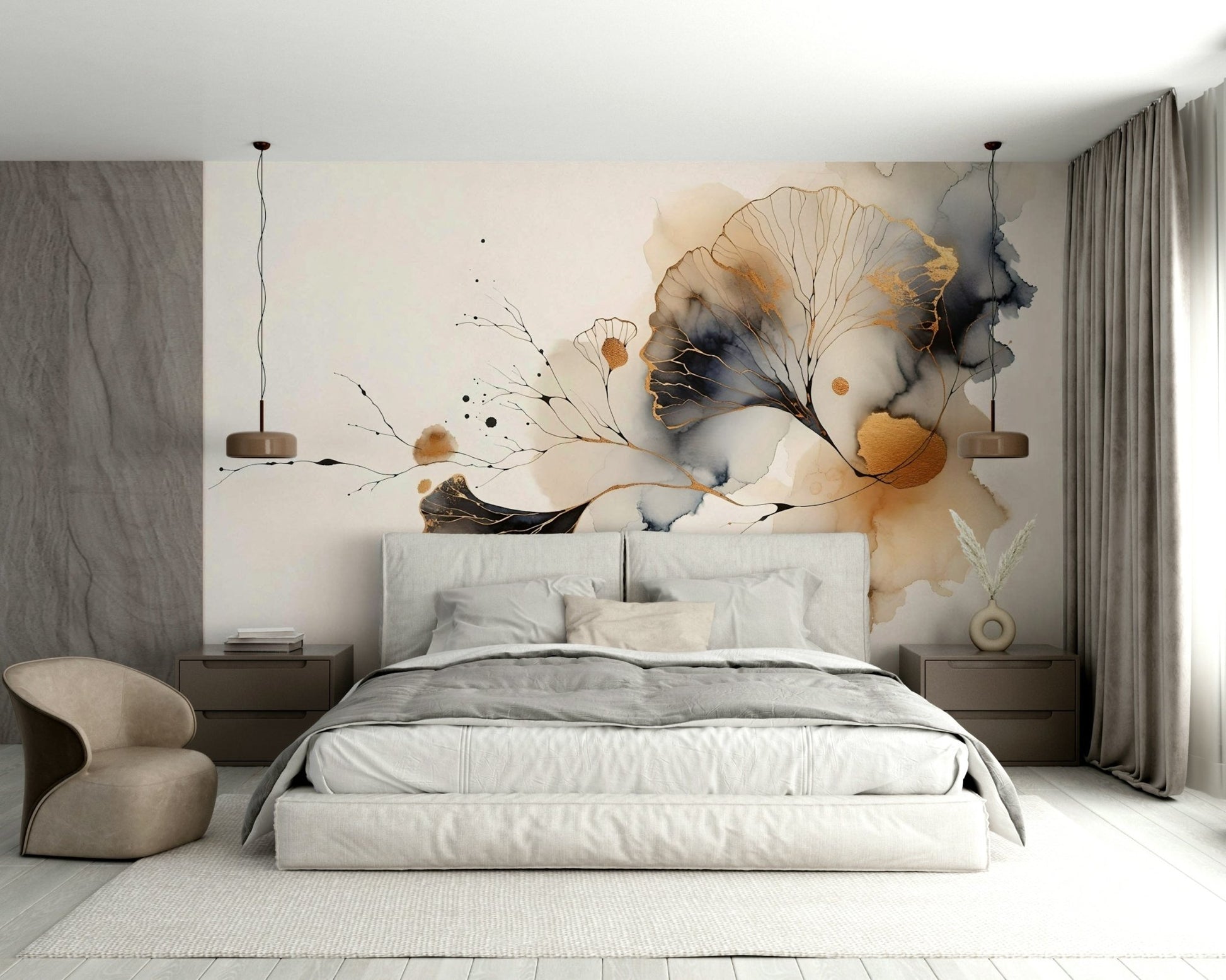 Golden ginkgo leaf mural for upscale wall decor., GD1604