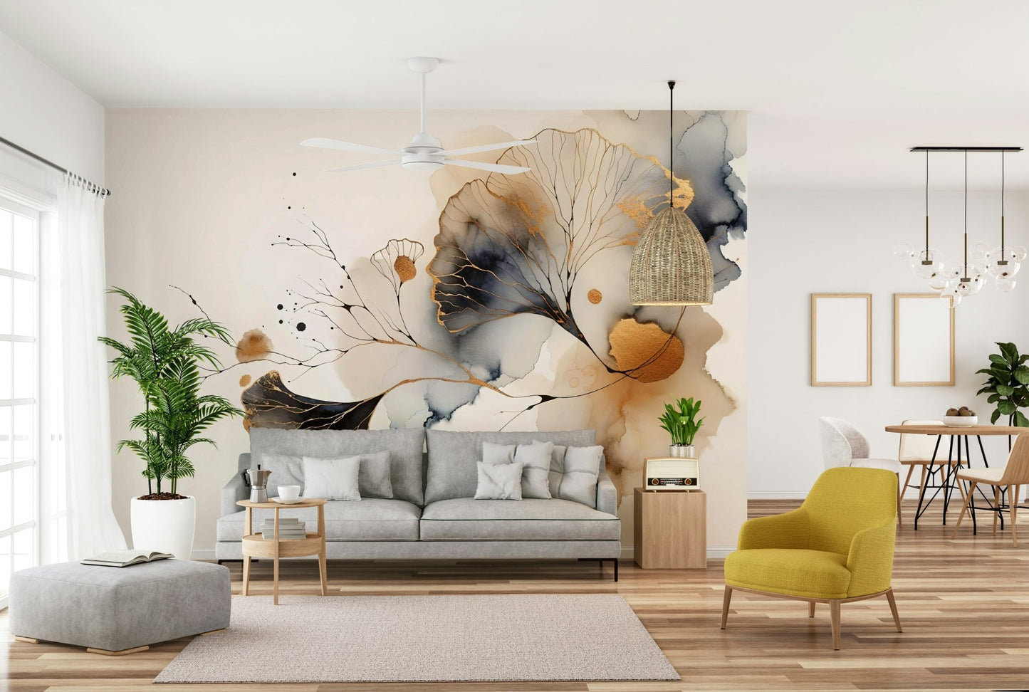 Luxe mural of gold-embossed ginkgo fan leaves., GD1604