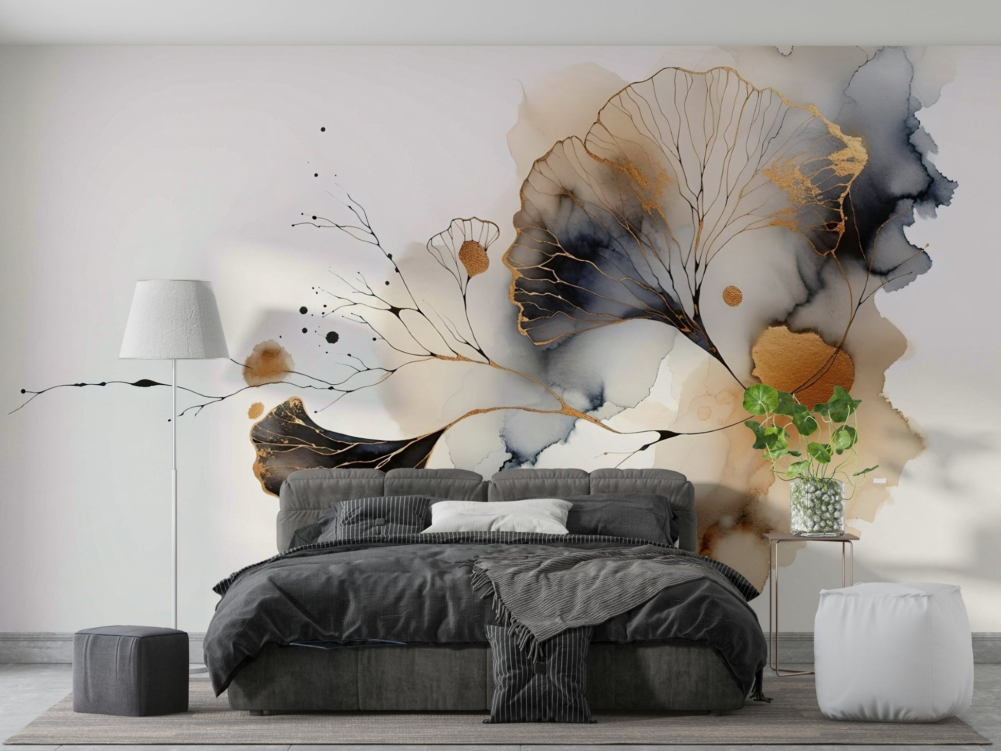 Elegant ginkgo leaf mural with metallic gold accents., GD1604
