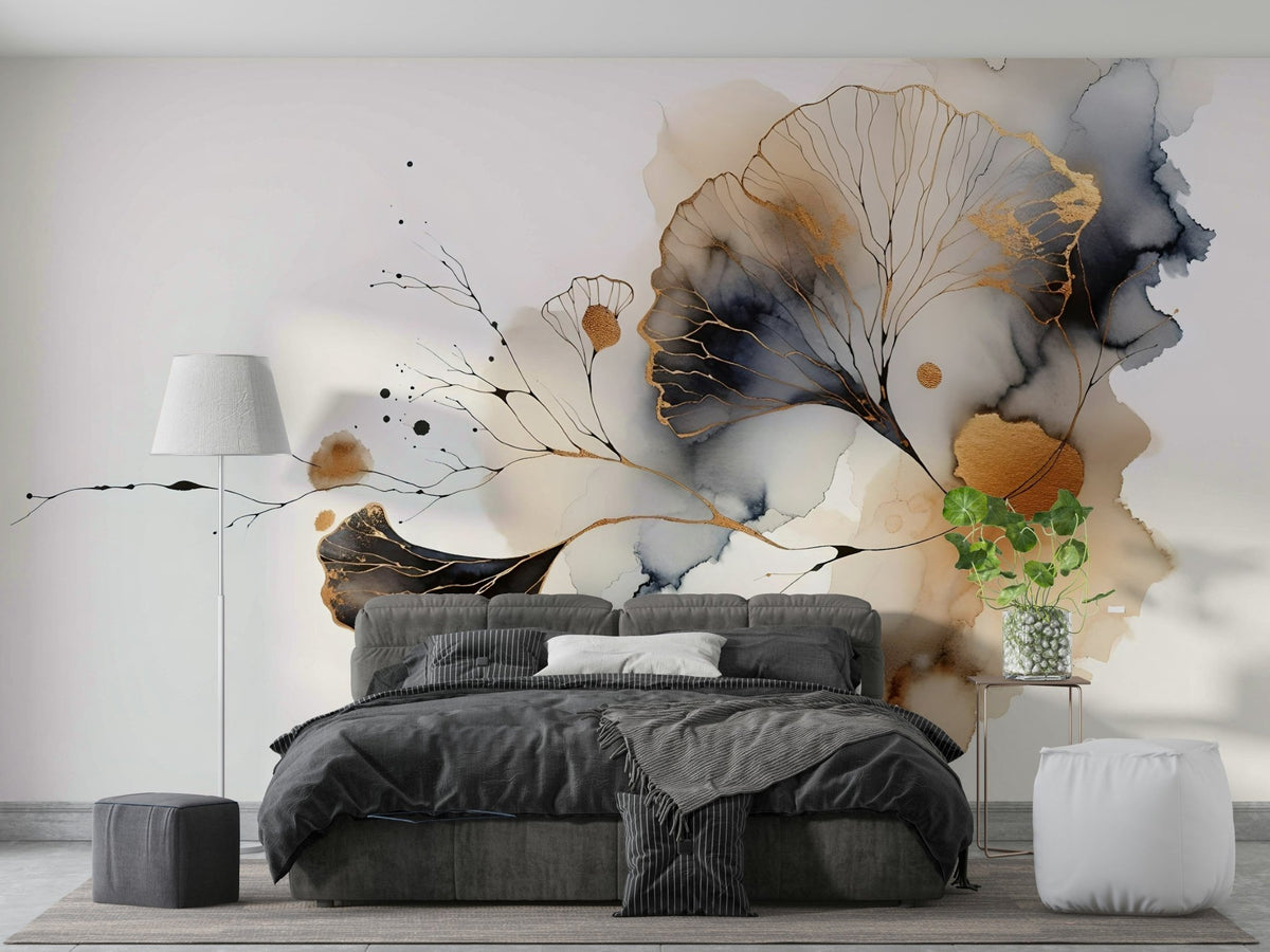 Elegant ginkgo leaf mural with metallic gold accents., GD1604