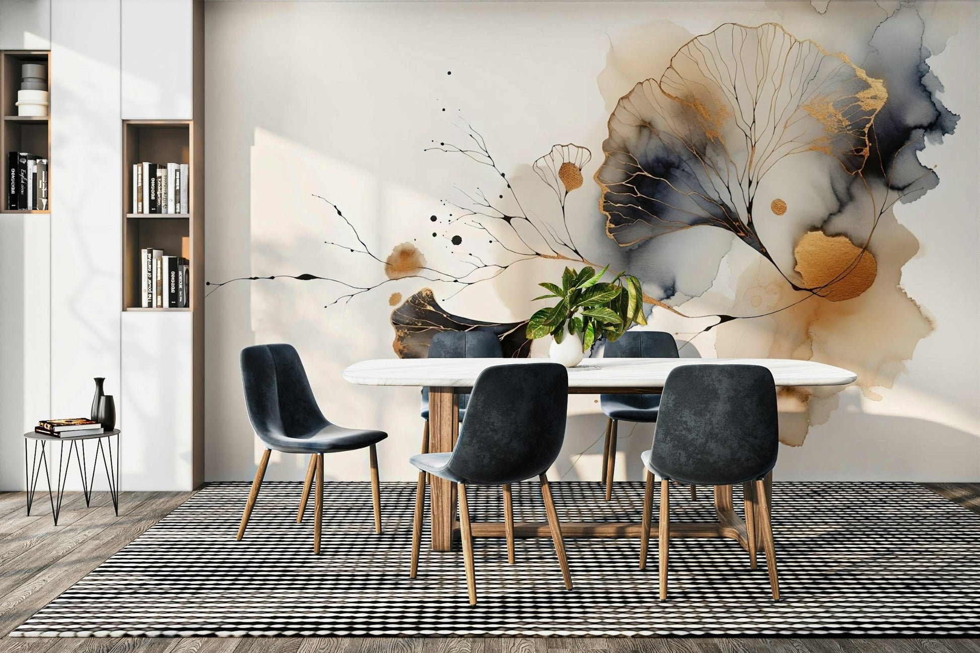 Art deco-inspired mural with golden ginkgo pattern., GD1604
