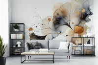 Botanical mural featuring stylized ginkgo leaves in gold., GD1604