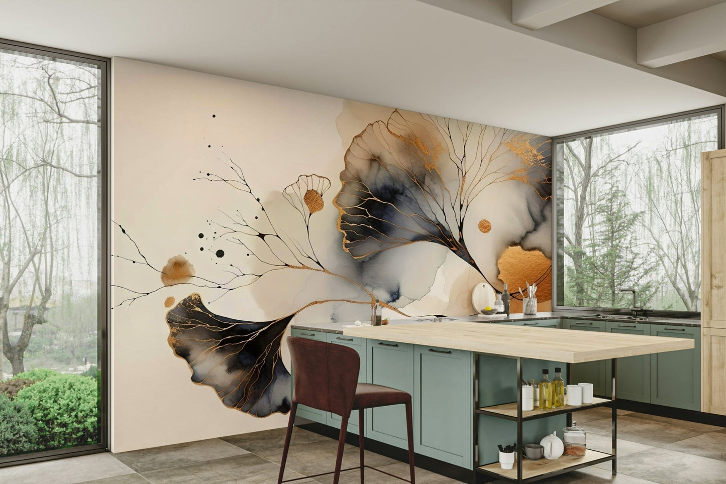 Wall mural with radiant ginkgo foliage and soft textures., GD1604