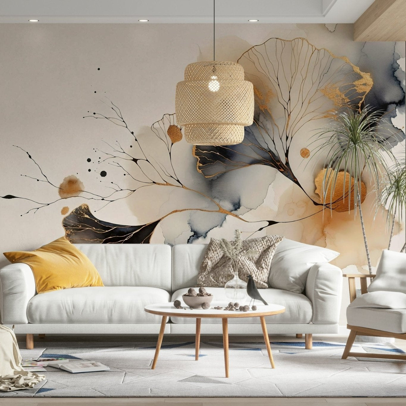 Luxurious wallpaper featuring gold ginkgo fan leaves., GD1604