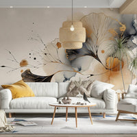 Luxurious wallpaper featuring gold ginkgo fan leaves., GD1604