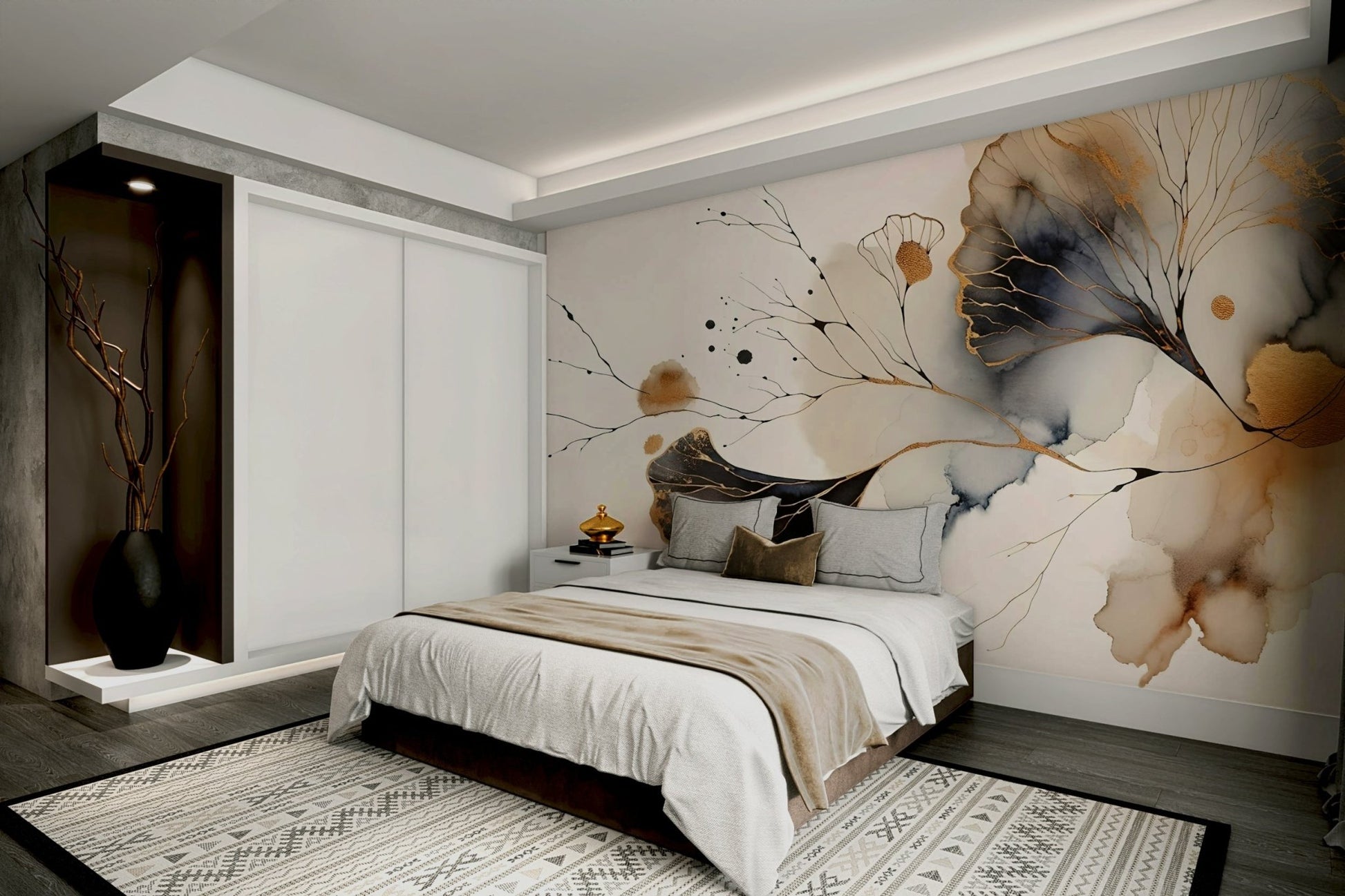Golden Ginkgo Luxe mural with layered botanical leaves., GD1604