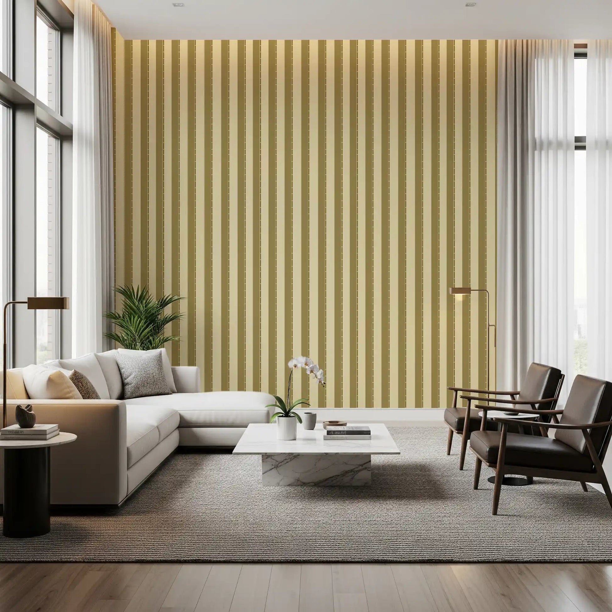 Golden Grid Stripes Wallpaper stretches behind a soft bed in a restful Living room  