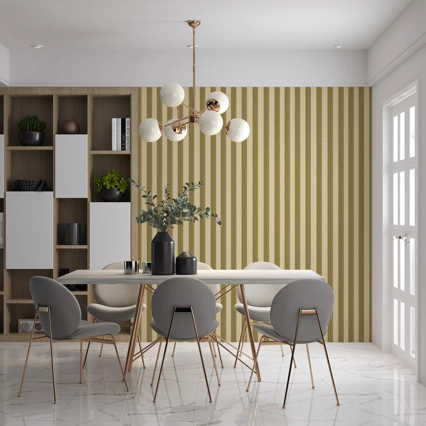 Dining chairs and pendant lights stand before Golden Grid Stripes Wallpaper