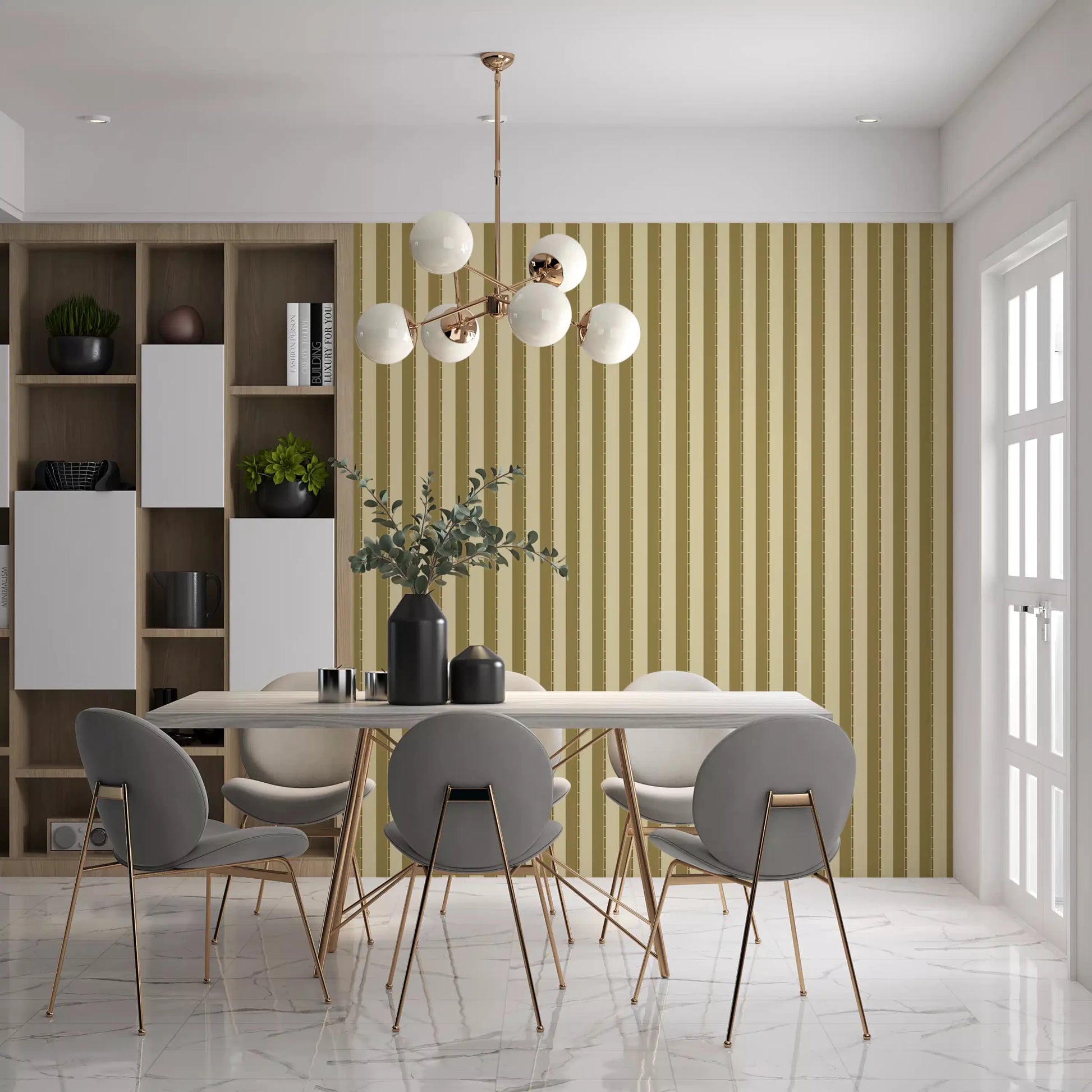 Dining chairs and pendant lights stand before Golden Grid Stripes Wallpaper