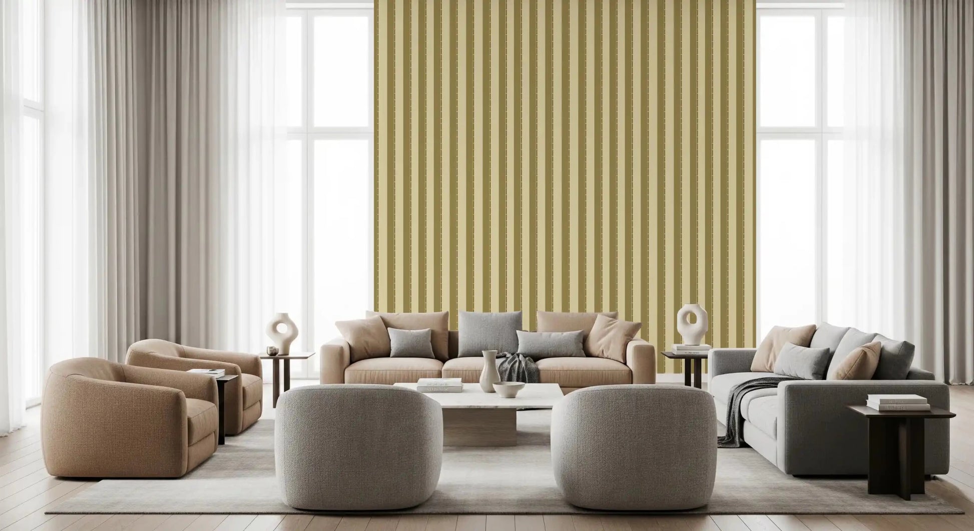 Lounge seating and poufs sit against Golden Grid Stripes Wallpaper in soft gold