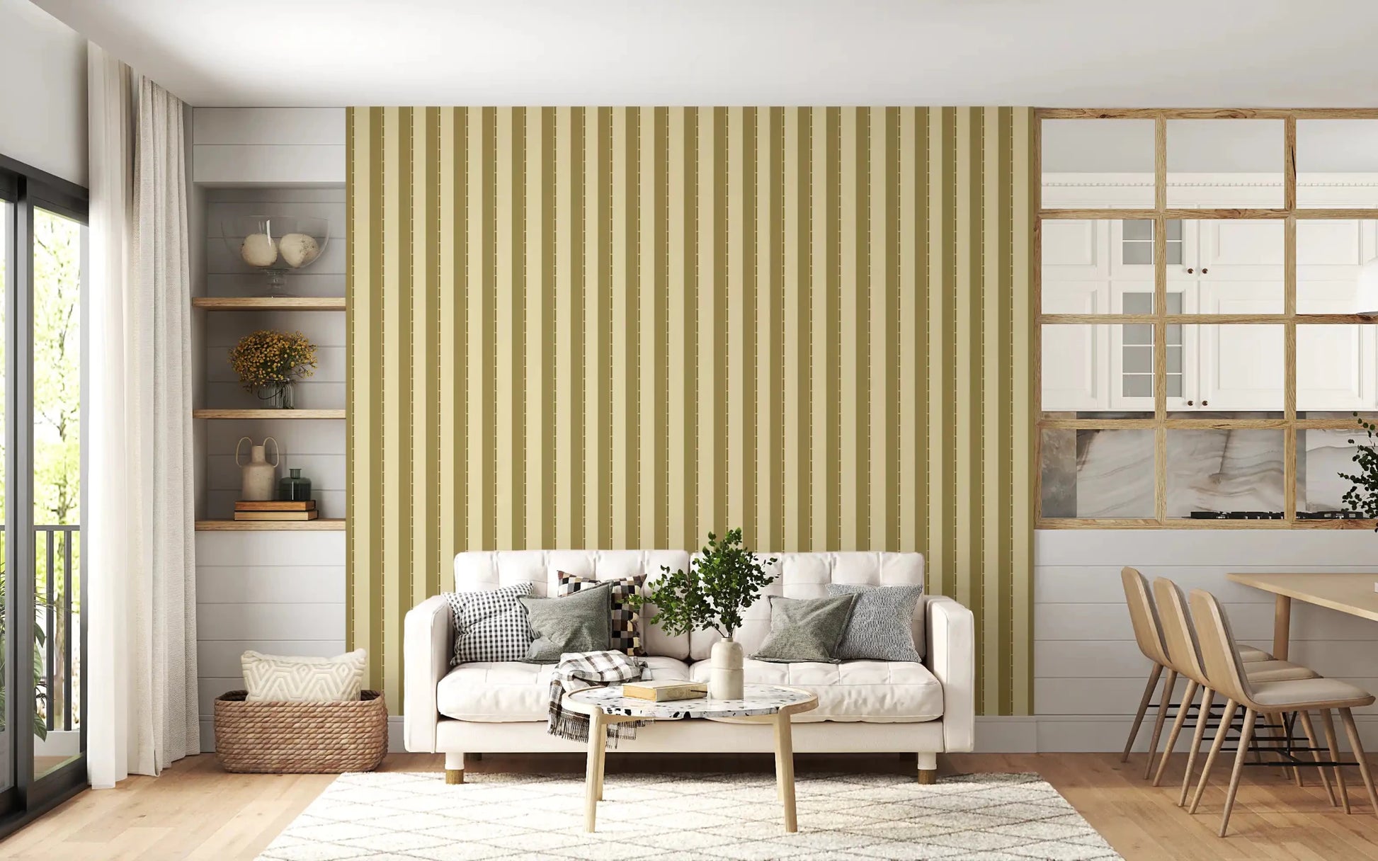 Golden Grid Stripes Wallpaper brightens a clean living area with open shelving