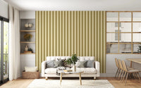 Golden Grid Stripes Wallpaper brightens a clean living area with open shelving