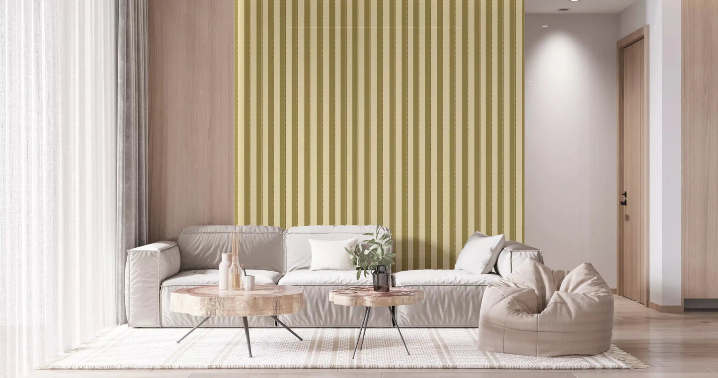 Golden Grid Stripes Wallpaper adds height behind a calm neutral Living room setup