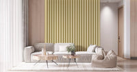 Golden Grid Stripes Wallpaper adds height behind a calm neutral Living room setup