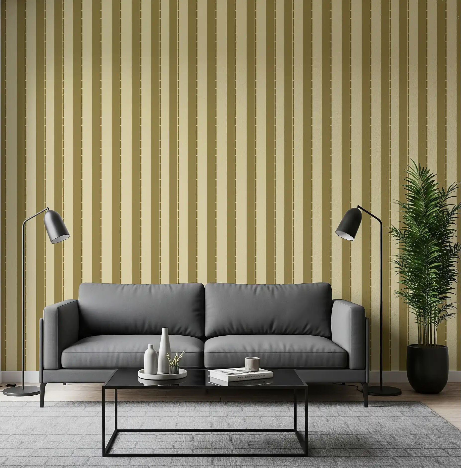 Golden Grid Stripes Wallpaper behind a charcoal sofa in a modern living room
