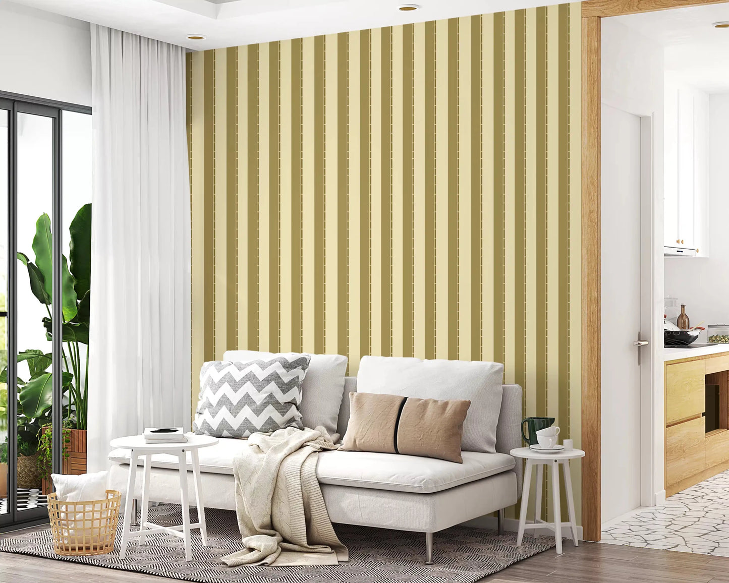 Sunlit Living room corner finished with Golden Grid Stripes Wallpaper in beige gold bands