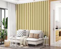 Sunlit Living room corner finished with Golden Grid Stripes Wallpaper in beige gold bands