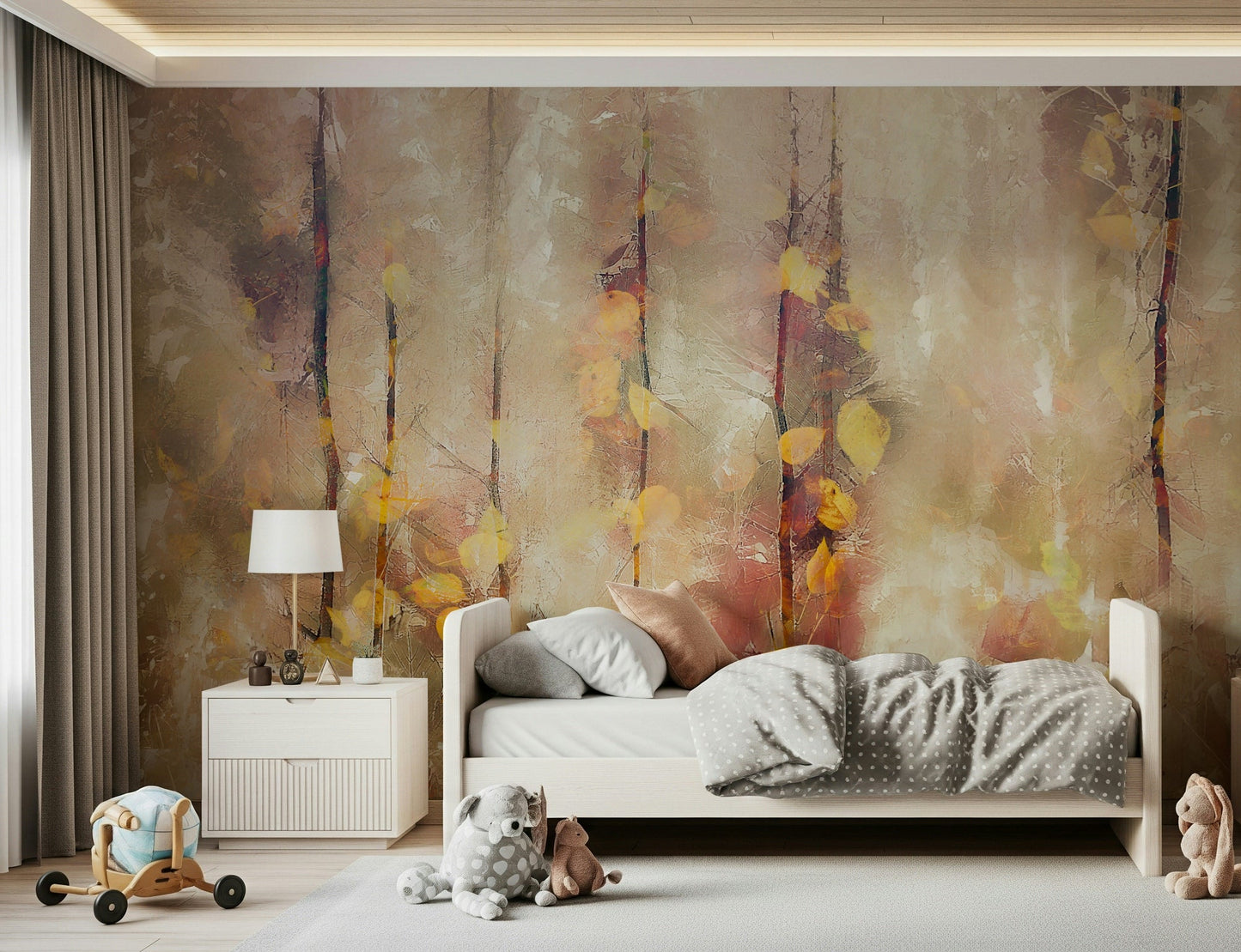 A beautiful golden grove wallpaper mural with sunlit trees.
