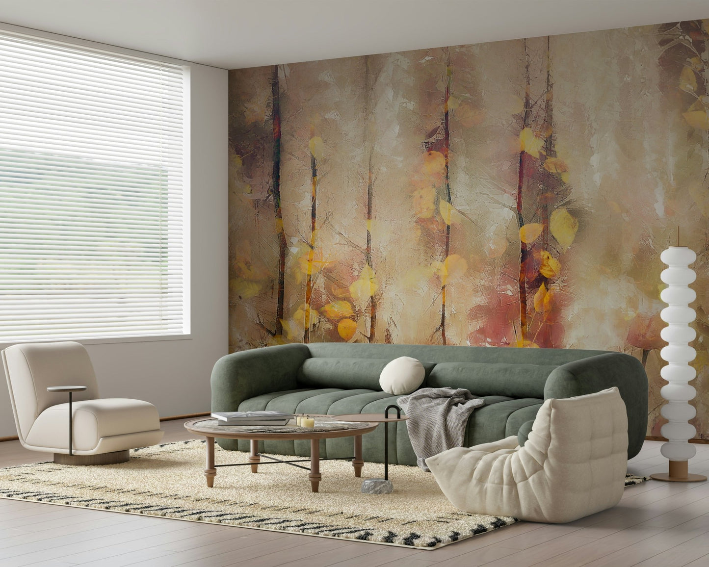 A serene woodland scene wall mural for cozy decor.
