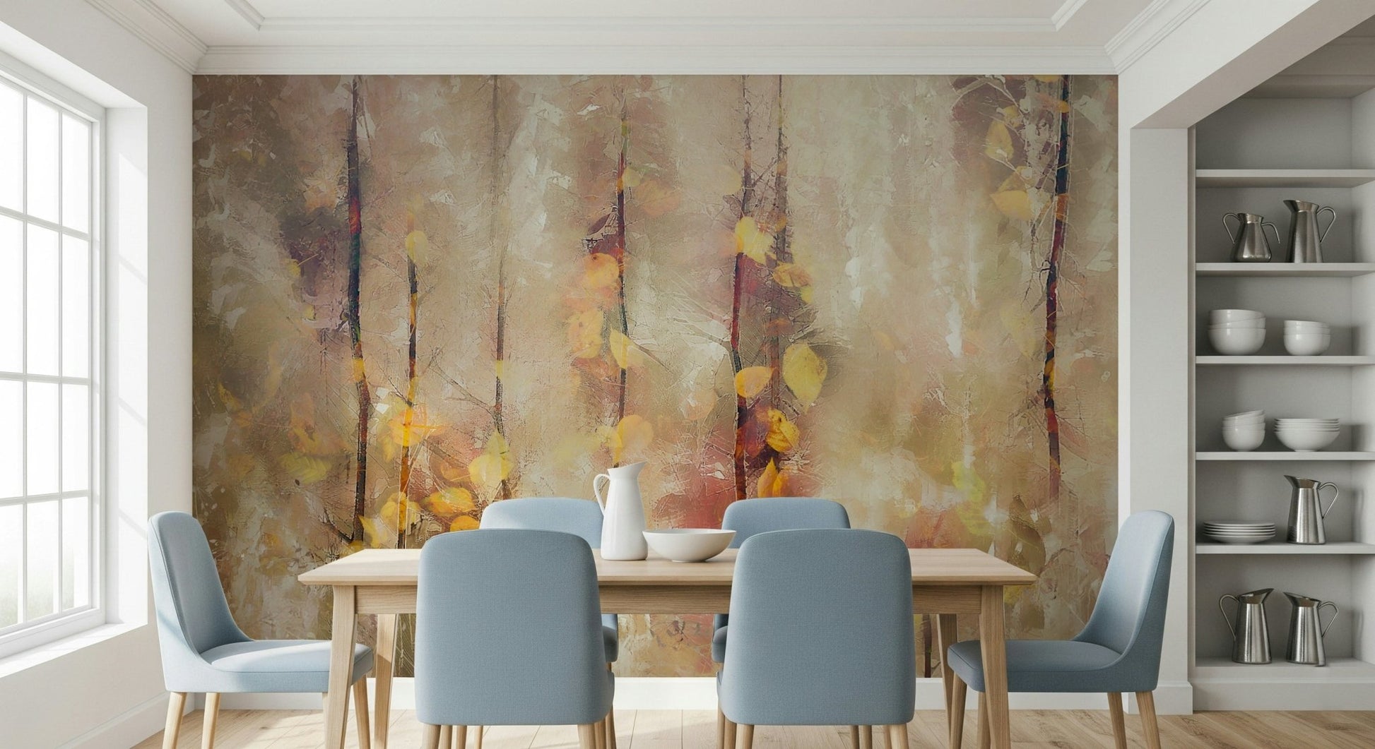 A beautiful wide-angle wall mural of a serene wood.