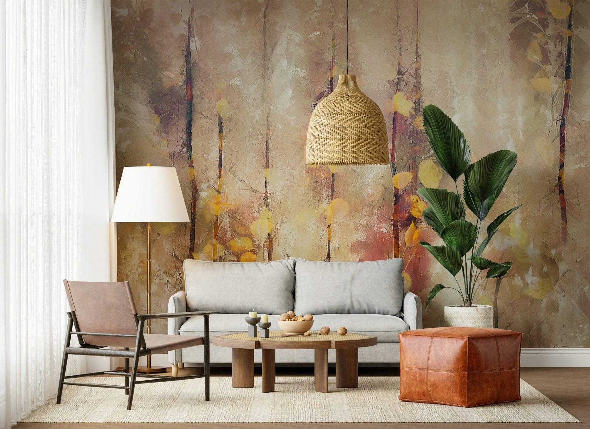 A peaceful open wood mural on decorative wallpaper.