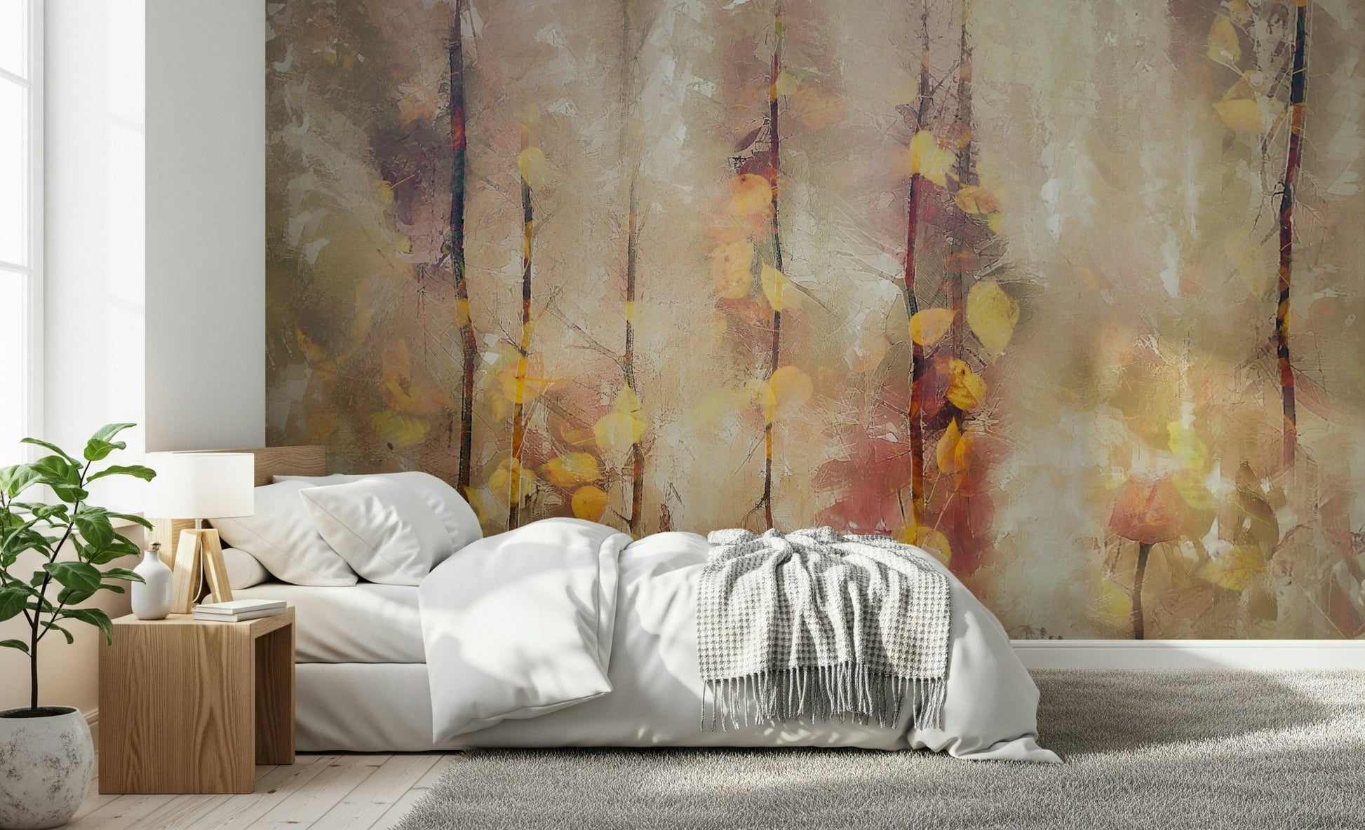 An artistic glowing forest mural on scenic wallpaper.