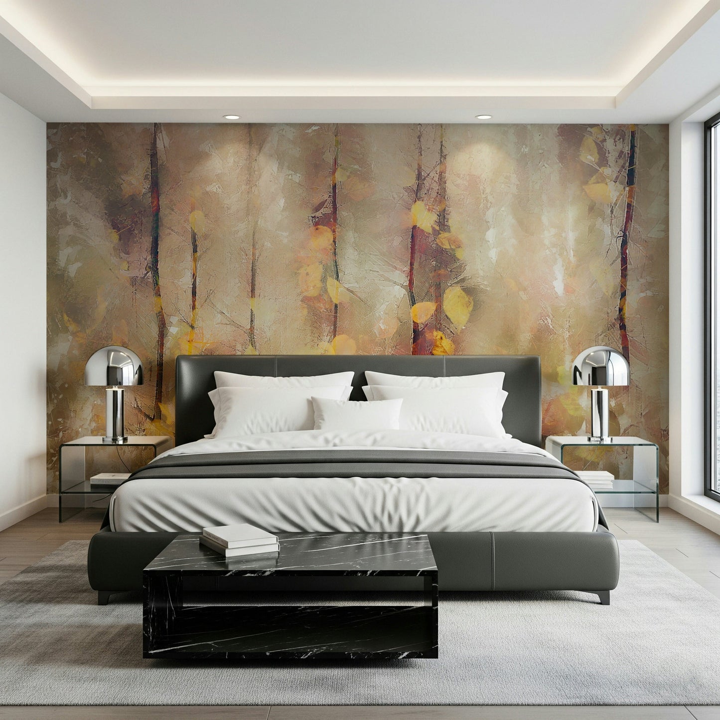 A calming serene forest wallpaper mural that defines a space.