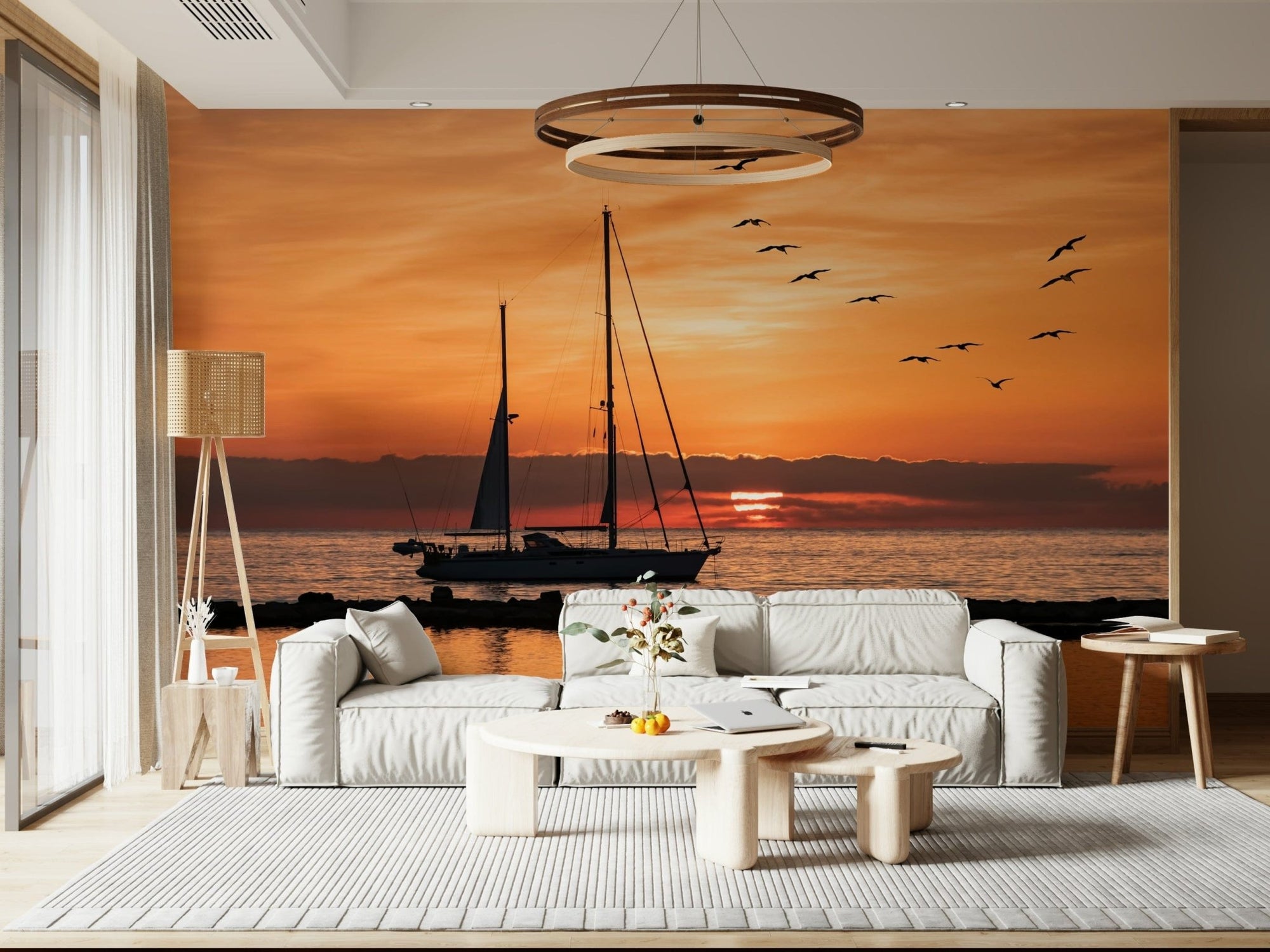 Golden Horizon Wall Mural with peaceful sailboat at sunset GD7362
