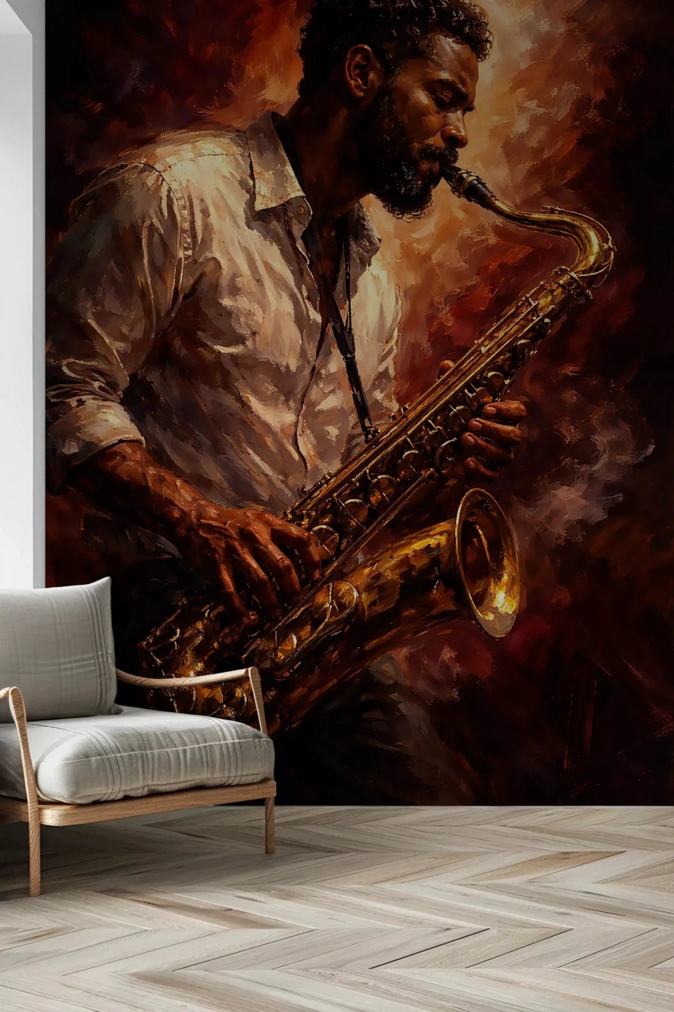 Jazz music wall mural Golden Horn Fiery Soul warm tone design, GD9423